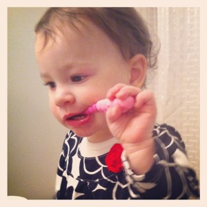 Caught brushing her teeth on her own.